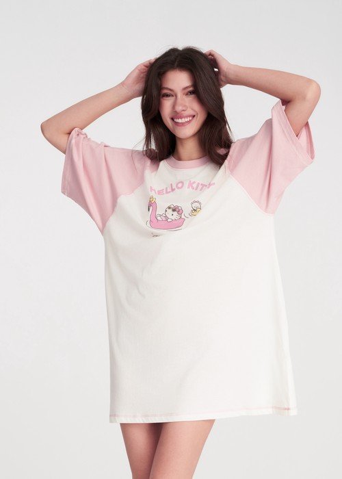 【台灣製】連身_Hello Kitty系列.拉格蘭飾線五分袖睡衣 - Image 2