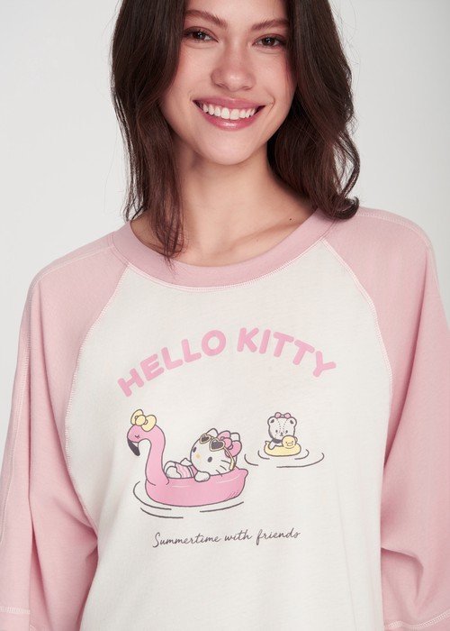 【台灣製】連身_Hello Kitty系列.拉格蘭飾線五分袖睡衣 - Image 6