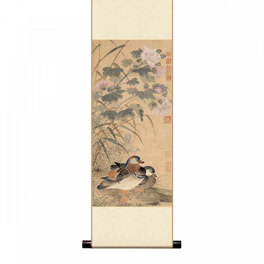 Mini直軸 清 顧瑛 芙蓉雙鴛圖