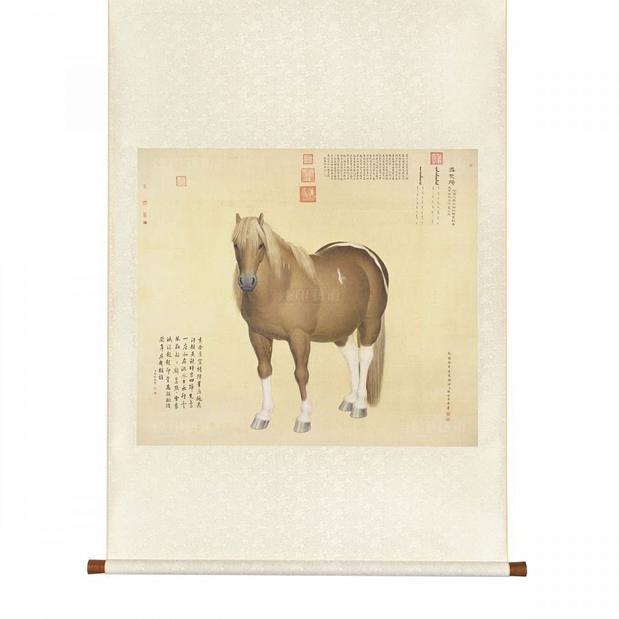 掛軸 清 郎世寧 畫十駿圖 雪點鵰