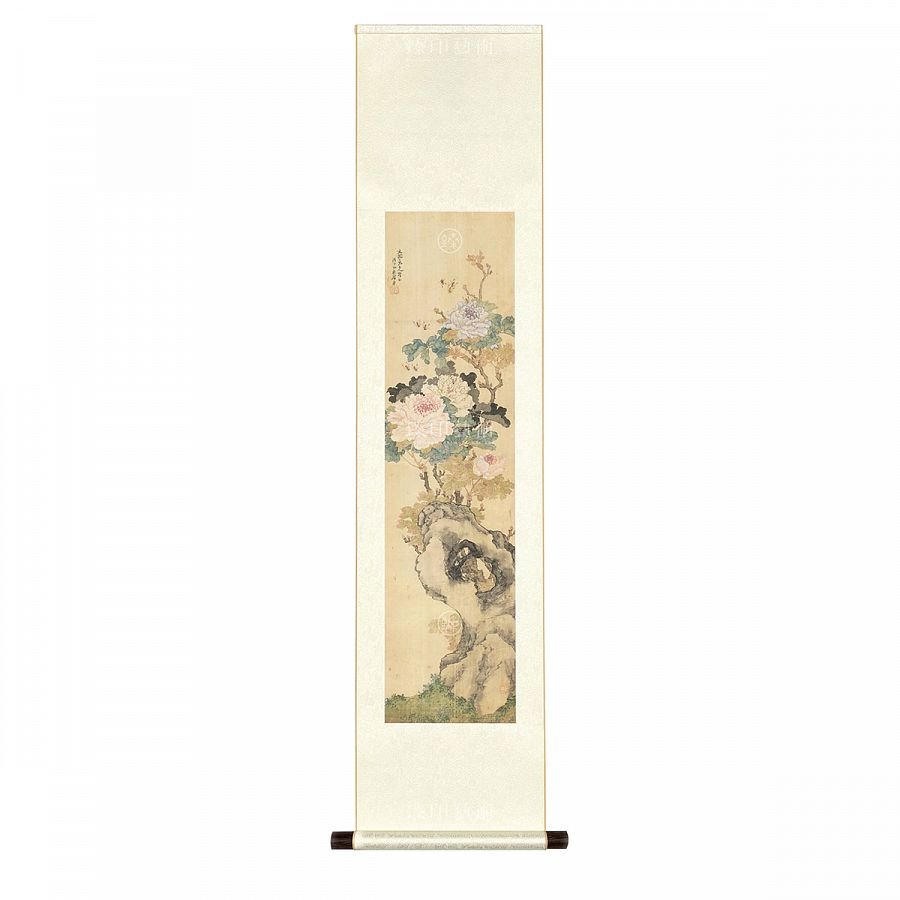 掛軸 清 居廉 花卉草蟲四屏 牡丹蜜蜂