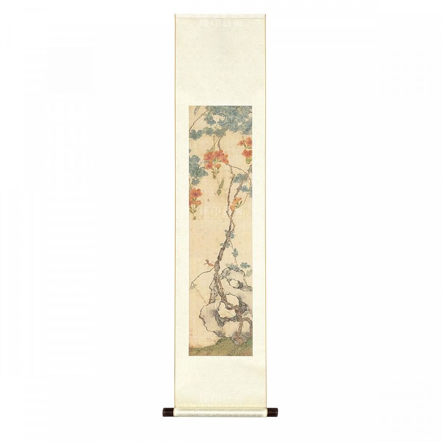 掛軸 清 居廉 花卉草蟲四屏 凌霄螳螂