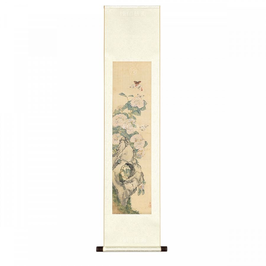 掛軸 清 居廉 花卉草蟲四屏 繡球蝴蝶
