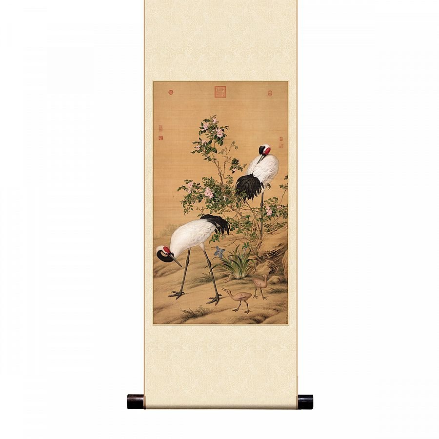宣彩軸 清 郎世寧 畫花陰雙鶴