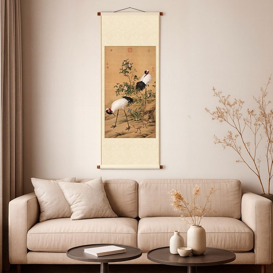 宣彩軸 清 郎世寧 畫花陰雙鶴 - Image 3