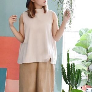 【預購】後綁帶不對稱棉麻背心杏色出清(背後有2mm小孔