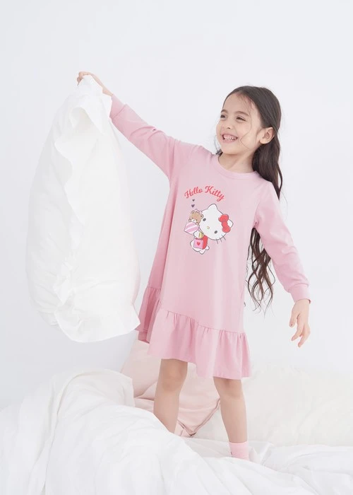 【台灣製】連身_Hello Kitty系列.裙片抽皺長袖睡衣 - Image 4