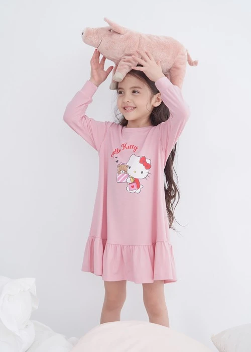 【台灣製】連身_Hello Kitty系列.裙片抽皺長袖睡衣 - Image 5