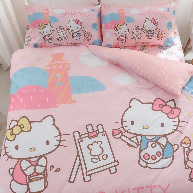 【台灣製】床笠 / 雙人【風景繪】雙人床笠含二件枕套 50%天絲 HELLO KITTY - Image 2